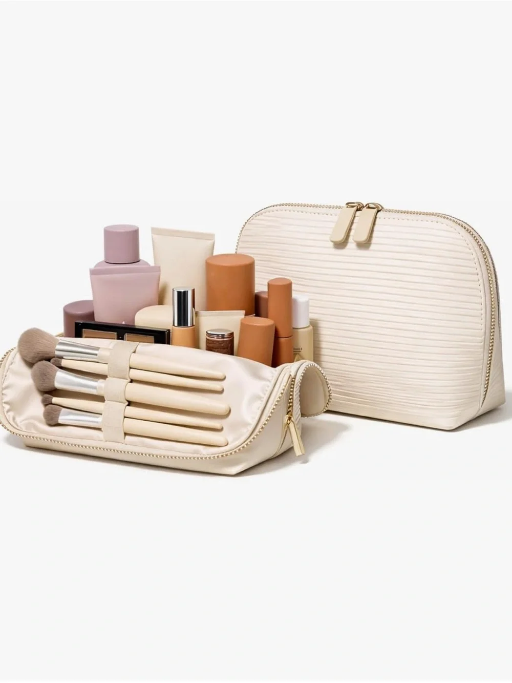 Standing Foldable Cosmetic Makeup Tioletry Travel Bag Set in Cream - Brand New!